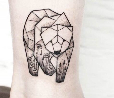 Bear tattoo by Olga Sienkiewicz Celestial Bear Tattoo, Bear Outline Tattoo, California Bear Tattoos, Baby Bear Tattoo, Geometric Bear Tattoo, Tattoo On Ankle, Pirate Ship Tattoos, Polar Bear Tattoo, One Word Tattoos