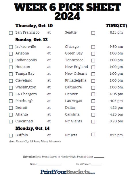 Printable NFL Week 6 Schedule Pick em Pool 2024 Nfl Weekly Picks, Football Pool, Office Pool, Football Team Names, Football Pics, Ny Jets, Nfl Football Teams, La Rams, Ny Giants