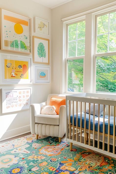 Create a calm, beautiful space for your little one with these 15 serene gender-neutral nursery designs! 🌿 From soft colors to natural accents, find inspiration for a peaceful nursery. #GenderNeutralNursery #NurseryDecor #BabyRoomInspo White Nursery With Pops Of Color, Rainbow Neutral Nursery, Gender Neutral Room Ideas, Light Neutral Nursery, Pops Of Color Nursery, Bright Nursery Ideas Gender Neutral, Fun Gender Neutral Nursery, Fun Nursery Ideas Colorful, No Theme Nursery