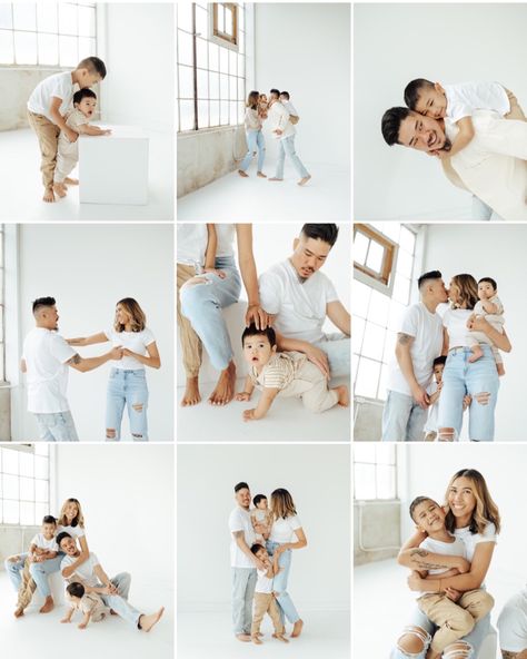 Studio Family Photos White Background, Studio Session Family Photos, White And Denim Family Pictures Studio, Photo Studio Pictures, Family Jean Photo Shoot, Mommy And Me Photo Shoot White Shirt And Jeans, White Tshirt And Jeans Outfit Family Pictures, Family Pics White Background, White Wall Family Photo Shoot