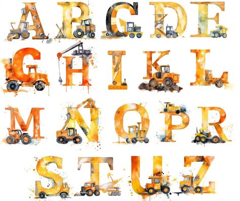 Tractor Alphabet Letters, Construction Nursery Theme, Construction Letters, Tractor Nursery, Nursery Alphabet, Construction Nursery, Alphabet Art Print, Abc Art, Car Birthday Theme