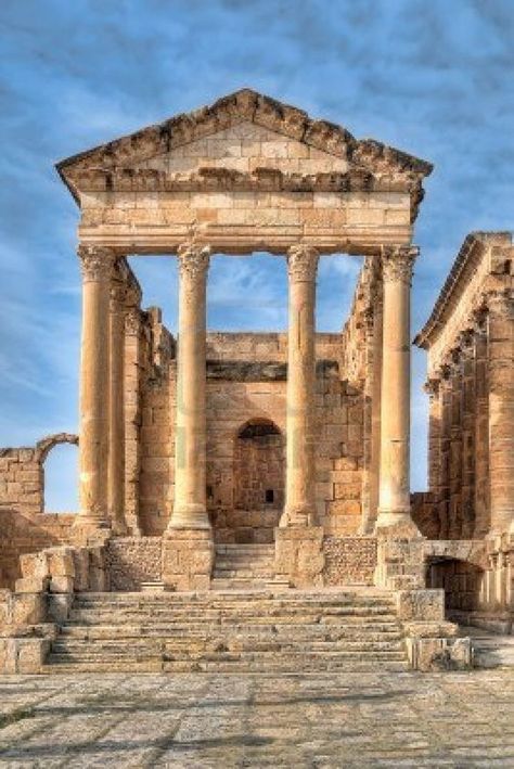 Famous ruins of Sbeitla, Tunisia Ancient Buildings Architecture, Architecture Antique, Temple Ruins, Ancient Greek Architecture, Roman Architecture, Ancient Buildings, Ancient Temples, Architecture Old, Ancient Architecture