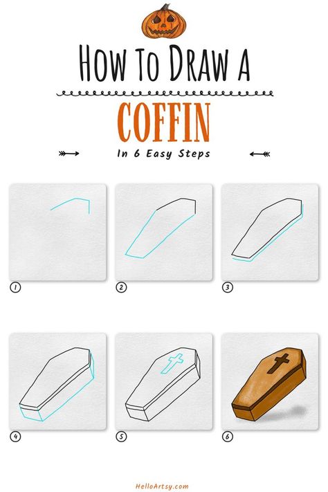 Draw coffin easy! | how to draw a coffin in 6 easy steps. | Halloween Drawing Tutorial! Follow along with each picture to learn how to draw a how to draw a coffin. Perfect for children who want to learn how to draw! Halloween Things To Draw, Halloween Pictures To Draw, Easy Halloween Drawings, Fall Drawings, Pencil Drawings For Beginners, How To Draw Steps, Halloween Tutorial, Cool Pencil Drawings, Easy Halloween Crafts