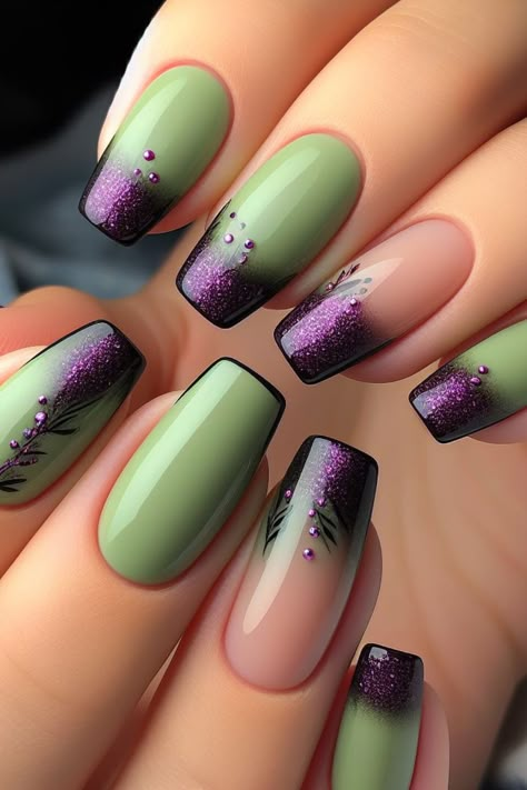 Elevate your evening look with these chic olive green nails adorned with mesmerizing purple glitter. Perfect for a stylish date night, this nail art combines earthy sophistication with a touch of sparkle. Whether you're aiming for understated elegance or bold glamour, these nails promise to make a statement. Find everything you need to achieve this captivating look and more date night nail inspirations at sNailsNails.com! Fall Gel Nails, Green Nail Designs, Beauty Nails Design, Fancy Nails Designs, Purple Nail, Pretty Nail Art Designs, Her Nails, Trendy Nail Art, Nail Designs Glitter