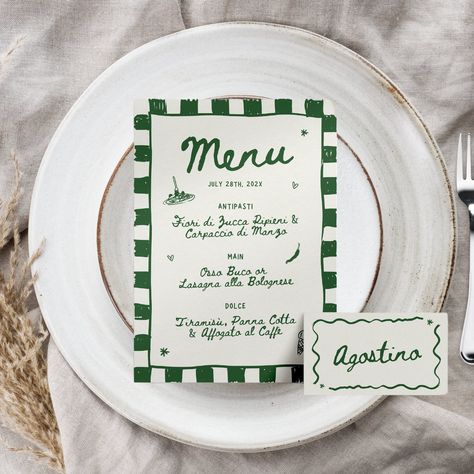 Elevate your rehearsal dinner with our Hand-Drawn Italian-Themed Menu and Place Card Canva Template! Featuring fun, hand-drawn illustrations, this customizable template adds a touch of rustic elegance to your celebration. Easily personalize with your menu items and guest names for a beautifully coordinated look. Perfect for creating an authentic Italian ambiance that will delight your guests. Download, edit, and print to make your rehearsal dinner truly unforgettable! 𝗠𝗔𝗧𝗖𝗛𝗜𝗡𝗚 𝗪𝗘𝗟𝗖𝗢 Italian Wedding After Party, Italian Wedding Place Cards, Italian Dinner Menu Design, Placecards Dinner Party, Dinner Party Name Cards, Italian Party Ideas, Rehersal Dinner Menu, Micro Wedding Dinner, Italian Night Dinner Party