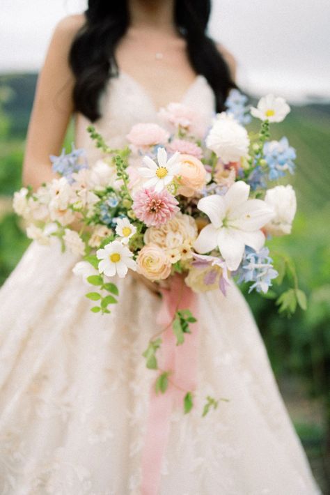 Sonoma - Summer | mandy's garden Summer Garden Wedding Flowers, Soft Pastel Wedding Flowers, Blue Yellow Pink Wedding, Pastel Boutonniere, Bridgeton Wedding, Pastel Wildflower Wedding, Romantic Spring Wedding Ideas, Flowers Installation, Pastel Wedding Bouquet