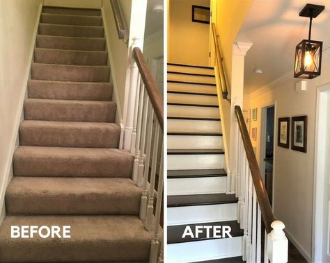 stairs from carpet to painted wood. We painted the risers first in a white semi gloss stain resistant paint. After 3 coats of the white, we taped off the sides and painted the treads using a floor paint in dark brown. This took 3 coats. Brown Wood Floors, Stairs Painted, Wood Floor Stairs, Dark Brown Wood Floors, Diy Staircase Makeover, Carpet Diy, Stairs Renovation, Flower Carpet, Split Foyer