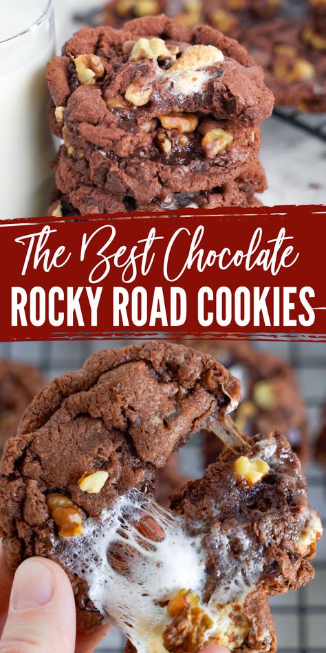 The Best Chocolate Rocky Road Cookies! Easy Chocolate Cookies with Marshmallows, Pecans, and Chocolate Chips! These Rocky Road Cookies are Easy to Make and SO GOOD! The Perfect Rocky Road Cookie Recipe! #lemonpeony #rockyroad #cookies #marshmallowcookies #chocolatecookies Chocolate Cookies With Marshmallows, Cookies With Marshmallows, Easy Chocolate Cookies, Easy Rocky Road, Cookies With Walnuts, Rocky Road Cake, Rocky Road Cookies, Lemon Cookies Recipes, Cookies Easy