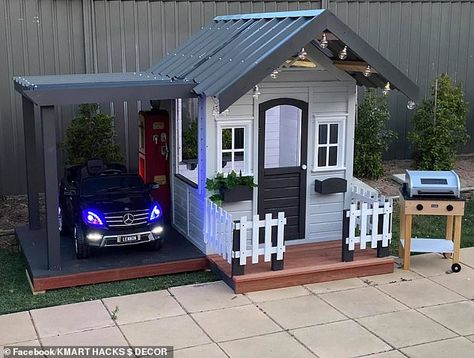 Father turns a $199 Kmart cubby house into a spectacular mansion for his toddler son | Daily Mail Online Kmart Cubby House, Kmart Cubby, Cubby House Ideas, Kids Cubby Houses, Kids Cubbies, Play Area Backyard, Backyard Kids Play Area, Diy Playhouse, Wendy House