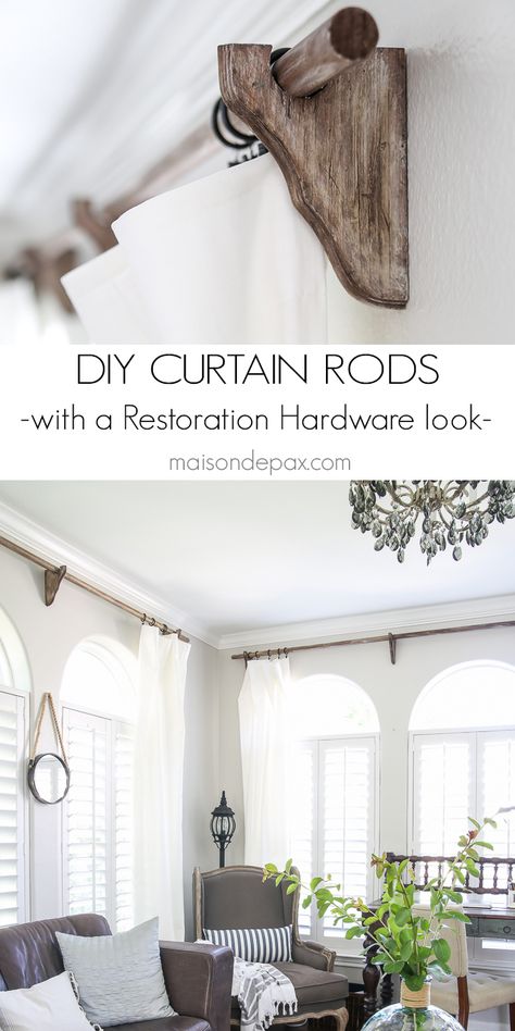 these are awesome! DIY real wood curtain rods with a Restoration Hardware look… Casa Rock, Restoration Hardware Look, Wood Curtain Rods, Diy Curtain Rods, Restoration Hardware Inspired, Wood Curtain, Diy Curtains, Curtain Rod, Restoration Hardware