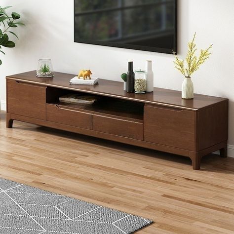 Rectangular Open Shelving Natural Wood TV Stand with Gate Door in Natural Tone, Nut-Brown, 79"L x 15"W x 19"H Tv Table Wood, Tv Unit Table, Tv Stand Ideas For Living Room, Tv Cabinate, Natural Wood Tv Stand, Tv Console Unit, Tv Stand Color, Tv Console Cabinet, Tv Stand Brown