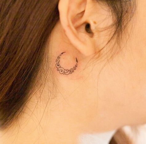 Crescent Moon Tattoo by River Moon Tattoo Behind Ear, Crescent Tattoo, Behind The Ear Tattoos, Moon Tattoo Ideas, Personal Tattoos, Minimalist Tattoo Meaning, Behind Ear Tattoos, Tattoo Behind Ear, Typography Tattoo