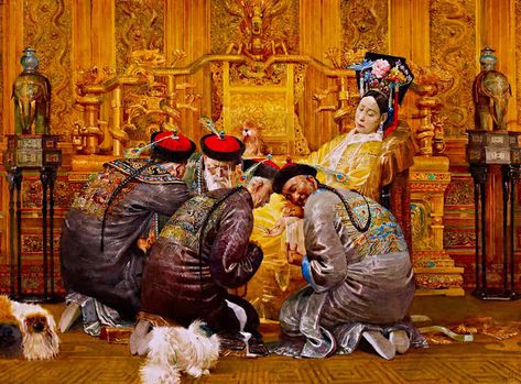 "Empress Dowager Cixi and Four Imperial Physicians" by Huang Zhongyang. Special attention should be paid to the expressions of the Physicians as they try to diagnose the sleeping empress. The look of conspiratorial secrecy in the eyes of the doctors while the imperial authority sleeps without a clue signifies much. Empress Dowager Cixi, Taiping Rebellion, Qianlong Emperor, Chinese Emperor, Sketch Note, Chinese Art Painting, Alex Colville, Taiping, Audrey Kawasaki