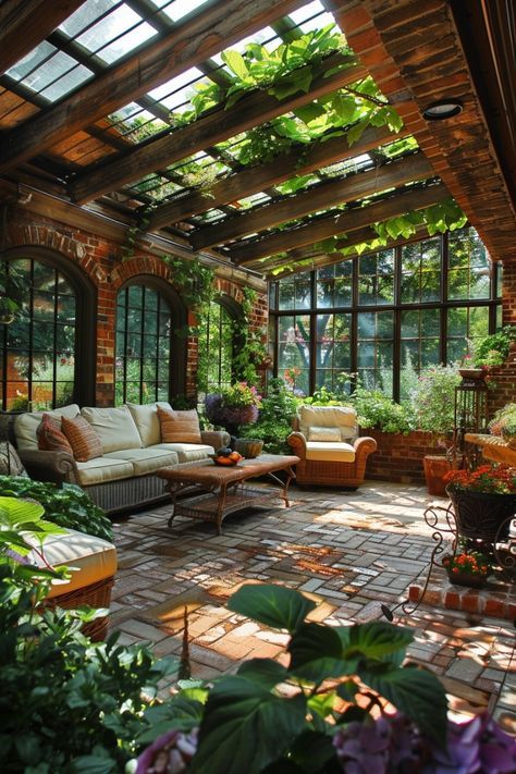 Lots Of Plants, Sunroom Designs, Backyard Greenhouse, Outdoor Living Rooms, Sunrooms, Outdoor Living Room, Earthship, Plants And Flowers, Dream House Interior