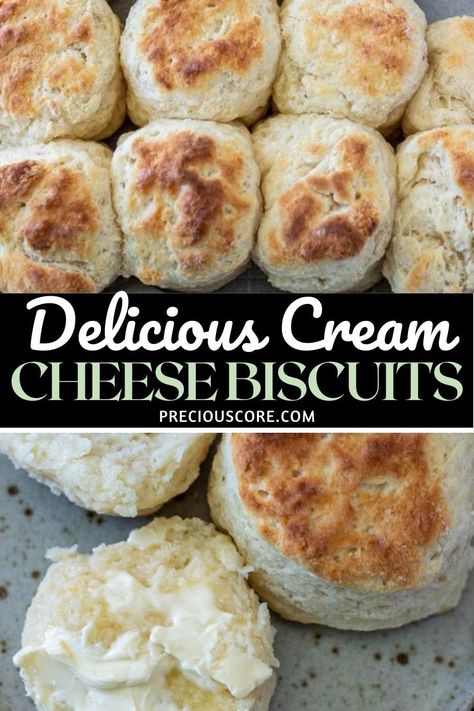 Cream Cheese Biscuits are buttery with amazing cream cheese flavor, soft, fluffy, slightly sweet and salty. These biscuits are a great canvas for spreading on jam or butter. They only require 5 ingredients and are ready in 25 minutes! Cream Cheese Buttermilk Biscuits, Cream Cheese Herb Biscuits, Biscuits With Cream Cheese, Cream Cheese And Biscuits Recipes, Cream Cheese Biscuits Recipe, Cream Cheese Biscuits 3 Ingredient, Butter Biscuits Recipe, Cream Cheese Biscuits, Sourdough Biscuits