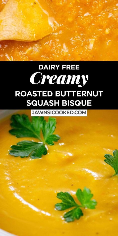 This easy, Creamy Butternut Squash Bisque recipe is made with roasted fresh butternut squash and coconut milk for a light, delicious, and dairy free fall or winter soup recipe the whole family will love! Butternut Squash Bisque Recipe, Dairy Free Soup Recipe, Squash Bisque, Winter Squash Soup, Butternut Squash Bisque, Creamy Butternut Squash, Dairy Free Soup, Winter Soup Recipe, Winter Soup