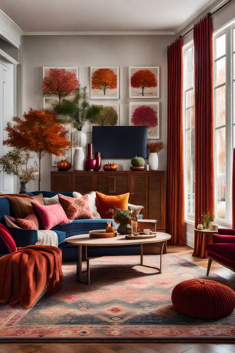 Rust Red Living Room, Rust And Cream Living Room, Autumn Color Palette Home Decor, Rust Accent Chair Living Room, Red And Brown Living Room, Rust Living Room Decor Burnt Orange, Orange Chair Living Room, Navy And Orange Living Room, Navy And Burnt Orange Living Room