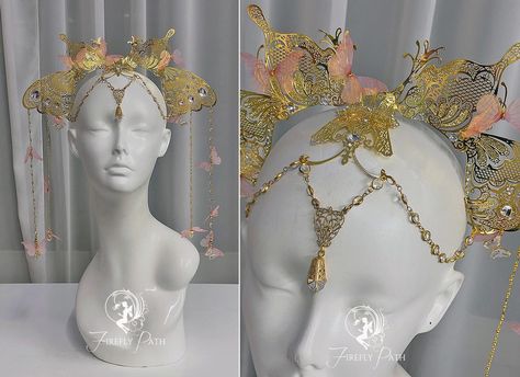 Fabric Butterflies, Fantasy Crown, Flower Gown, Butterfly Crown, Diy Butterfly, Fabric Butterfly, Golden Crown, Crown Design, Fantasy Costumes