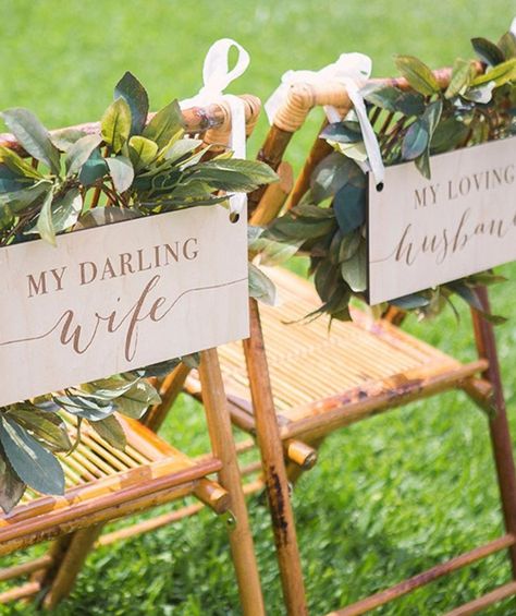 Your dream wedding awaits… right in your own backyard. Lace Wedding Decorations, Wedding Chair Signs, Sweetheart Table Wedding, Wooden Wedding Signs, Forever Wedding, Wedding Chair, Table Wedding, Chair Decorations, Wedding Chairs