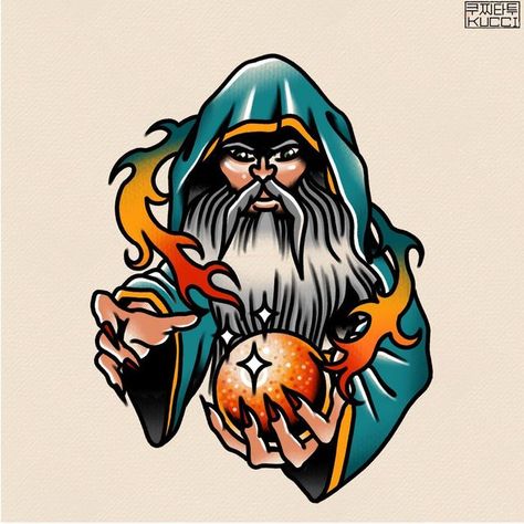 American Traditional Wizard Tattoo, Traditional Wizard Tattoo Flash, Traditional Wizard Tattoo, Wizard Tattoo Design, Disc Dyeing, Az Logo, Traditional Tattoo Painting, Wizard Tattoo, Backpiece Tattoo