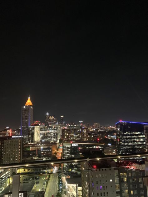 an aesthetic photo of atl at night with the skyline and city lights lighting up the city, super pretty and super aesthetic Atl Night Aesthetic, Atl City Aesthetic, Downtown Atlanta At Night, Atl At Night, Atl Aesthetics, Penthouse View Night, Atlanta Nightlife, Penthouse View, Atlanta City