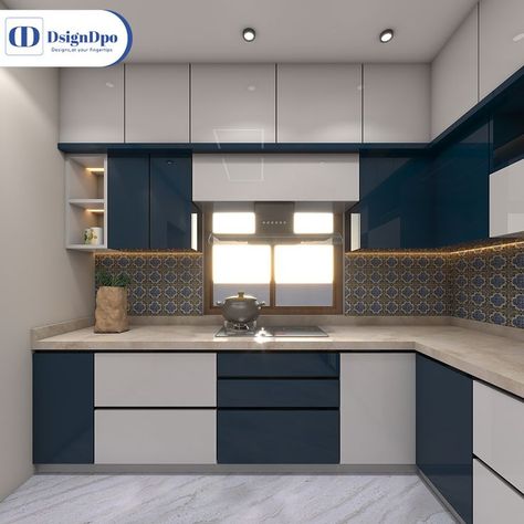 3D Design Of Blue And milky white-tinted Kitchen Modern Kitchen Tiles, Kitchen Wardrobe Design, Bed Wardrobe, Kitchen Slab, Kitchen Cabinetry Design, Wardrobe Kitchen, Trendy Interior Design, Interior Ceiling Design, Simple Kitchen Design