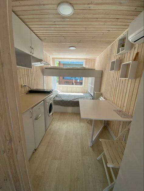 these apartments are made in Ukraine from a 20-foot container. can be up to 3 people 20 Foot Container Home, Container House Interior, Tiny Container House, Modern Shed, 20ft Container, Building A Container Home, Small Apartment Design, Backyard Shed, Container House Plans