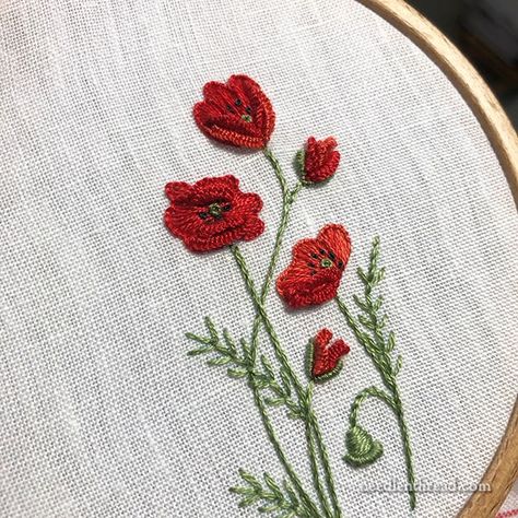 Bloomin’ Poppies… & Other Addictive Embroidery – NeedlenThread.com Embroidered Quilts, Embroidery Stitches Tutorial, Hand Embroidery Projects, Hand Embroidery Flowers, Pola Sulam, Embroidery Flowers Pattern, Embroidery Patterns Free, Silk Ribbon Embroidery, Flower Embroidery Designs