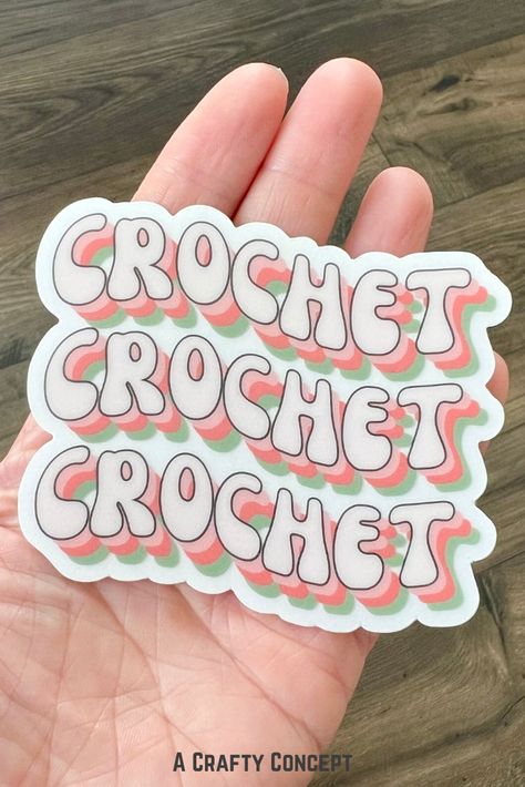 Looking for the perfect vinyl sticker to show your love of crochet? How about this fun Crochet Crochet Crochet Sticker?This crochet vinyl sticker features the word "crochet" 3 times in a funky retro font that's in the shape of a wave. The colors include Light Pink, Medium Pink, Terracotta, and Sage Green.All crochet stickers are made from thick, durable vinyl that protects your sticker sheets from scratching, rain & sunlight. Crochet Branding, Crochet Vinyl, Crochet Words, Crochet Stickers, Crocheting Gifts, Pink Terracotta, Retro Crochet, Friends Crochet, Diy Crafts Crochet