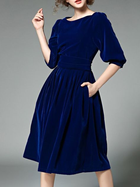 Blue Pockets Velvet A-Line Dress -SheIn(Sheinside) Womens Velvet Dresses, Velvet Party Dress, Blue Velvet Dress, Velvet Clothes, Dresses Elegant, Winter Dresses, Velvet Dress, Fit Flare Dress, Skater Dress