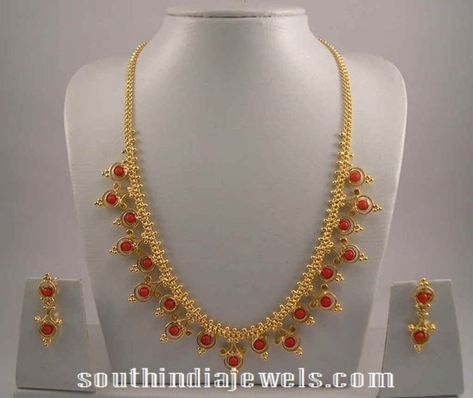 Gold Coral Necklace Design ~ South India Jewels Coral Necklace Designs In Gold, 2 Tula Gold Necklace Designs, Lightweight Necklace Gold Indian, Pagadala Chains, Coral Beads Necklace Indian Gold, Gold Coral Necklace Indian, Coral Necklace Indian Gold, Pearl Coral Necklace, Coral Gold Jewellery