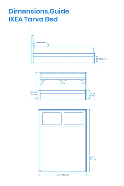 The IKEA Tarva Bed is a modern bed frame that interprets traditional Scandinavian design through the use of untreated wood. The IKEA Tarva Bed (Queen) has a length of 82 1/4” | 209 cm, width of 63” | 160 cm, headboard height of 36 1/4” | 92 cm, and platform height of 11” | 28 cm. Downloads online #ikea #furniture #beds #bedframes #bedrooms Bed Height Standard, Ikea Tarva Bed Frame, Tarva Bed Frame, Tarva Bed, Bed Frame Dimensions, Ikea Tarva, Luxury Bedding Master, Bed Queen Size, Compact Furniture