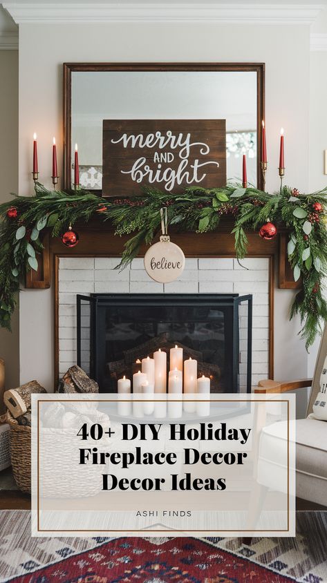 cozy fireplace decor for christmas Diy Christmas Fireplace Ideas, Christmas Faux Fireplace Decor, Fireplace Decor With Candles, Christmas Brick Fireplace Decor, Corner Mantle Christmas Decor, Fireplace Lights Inside, Christmas Mantle Decor Ideas Fireplaces, Inside Fireplace Christmas Decor, Small Mantle Christmas Decor Ideas