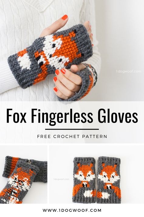 Make a cute set of fox fingerless gloves with this free crochet pattern, available at www.1dogwoof.com. Post includes instructions and color graphs! Crochet Mitts, Crochet Wrist Warmers, Crochet Mittens Pattern, Fingerless Gloves Crochet Pattern, Bruges Lace, Glove Pattern, Crochet Gloves Pattern, Crochet Fingerless Gloves, Crochet Mittens