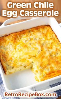 Green Chile Egg Casserole is a favorite retro breakfast casserole. This dish is often served on Christmas morning, but it is great anytime. A delicious and easy egg bake. retrorecipebox.com #eggs #casserole #eggbake #eggcasserole Green Chile Egg Casserole, Green Chili Egg Casserole, Eggs Casserole, Green Chile Casserole, Easy Egg Bake, Retro Breakfast, Egg Bake Casserole, Baked Eggs Recipe, Breakfast Egg Casserole