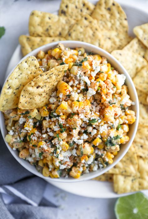 Easy Elevated Appetizers, Vegan Mexican Street Corn Dip, Mexican Street Corn Dip Cold, Fiesta Menu Ideas, Sides For Mexican Dishes, Food Ideas For Large Parties, Vegetarian Tailgate Food, Fancy Mexican Party, Light Party Food