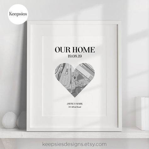 Personalised our first home map poster print. This custom first home gift is personalised with the map location of the home, the names of the couple, the date they moved into address and finally the first line of their address. It is a unique housewarming gift for a couple and a thoughtful first home gift. All designs ©KeepsiesDesigns #keepsiesdesigns #firsthome #firsthomegift #firsttimebuyer #ourhome #giftforgirlfriend #giftforcouple #housewarminggift #housewarminggiftidea #newhomegift Our First Home, Couples Decor, First Home Gifts, Unique Housewarming Gifts, House Map, First Home, Map Poster, Wedding Anniversary Gifts, New Home Gifts