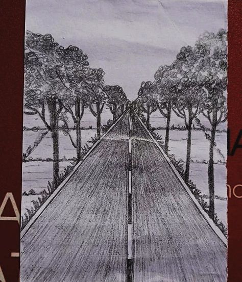 Road With Trees Drawing, Highway Drawing, Drawing Landscapes, Road Drawing, Landscape Drawing Tutorial, Bw Art, Empty Road, 3d Art Drawing, Sketch Pencil