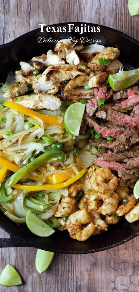 Steak, chicken, and shrimp are seasoned with bold spices, grilled to perfection, and served with sautéed peppers, onions, tortillas, and all the fixings. Fajita Recipes, Sautéed Peppers, Grilled Peppers And Onions, Marinated Skirt Steak, Fajita Marinade, Fresh Tortillas, Sauteed Peppers, Grilled Peppers, Steak And Shrimp