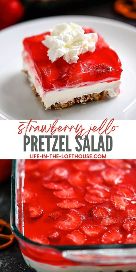 Cherry Pretzel Salad Recipe, Strawberry Pretzel Salad Easy, Strawberry Theme Food, Frogeye Salad, Strawberry Jello Pretzel Salad, Congealed Salads, Strawberry Pretzel Jello Salad, Jello Pretzel Salad, Strawberry Pretzel Salad Recipe