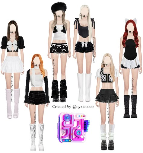 Six member gg | black & white Outfit | ShopLook Kpop Stage Outfits Ideas 5 Members Cute, 4 Member Girl Group Outfits, 3 Member Girl Group Outfits, 5 Member Girl Group Outfits Y2k, 8 Member Girl Group Outfits, White Ruffle Skirt, Four Member Girl Group Outfits, Heels And Socks, Halloween Tee Shirts