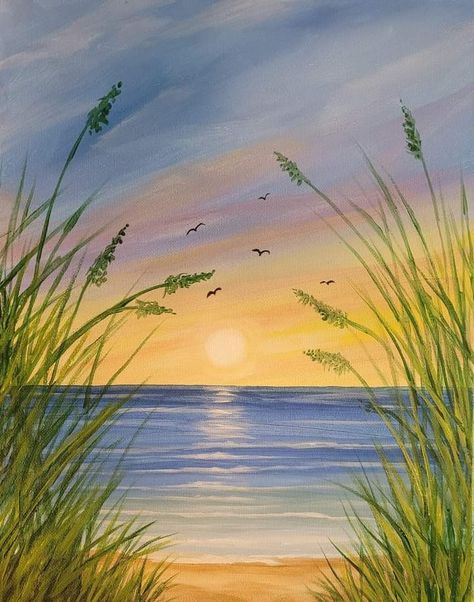 Beach Scene Painting, Easy Landscape Paintings, Beach Art Painting, Scenery Paintings, Watercolor Sunset, Summer Painting, Canvas Painting Designs, Landscape Art Painting, 수채화 그림