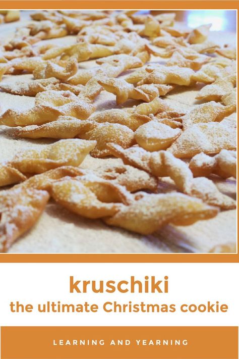 This Christmas spoil your family with Polish bow tie cookies - also known as Kruschiki or Chruschiki. This recipe is the traditional eastern European cookie recipe. #cookies #Christmas #homemade #recipe #Christmascookies Hungarian Cookies, Bow Tie Cookies, Polish Cookies, Slovak Recipes, Lithuanian Recipes, Polish Desserts, Recipe Cookies, German Baking, Cookie Crisp