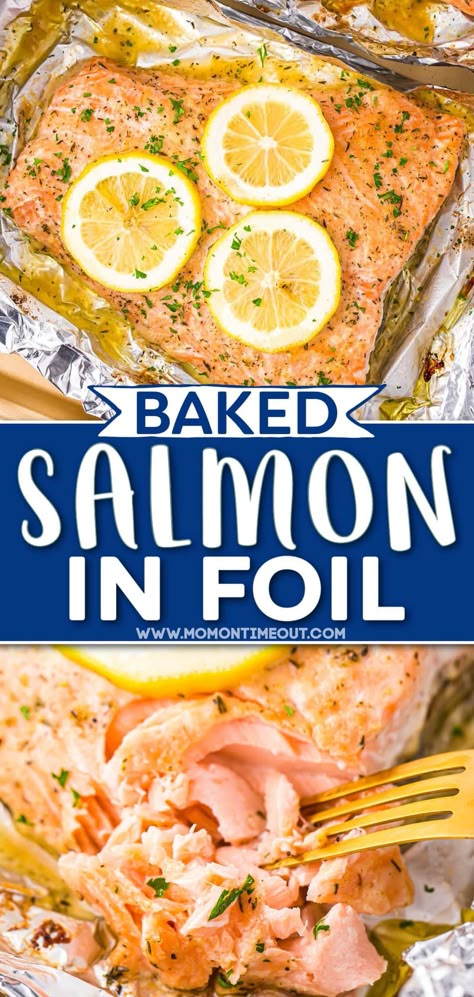 Delicious Baked Salmon In Foil recipe that is moist, flavorful and ready in under 30 minutes! Just 5 minutes to prep and clean up is a breeze with this easy salmon recipe! The simple foil packets lock in all the flavor and moisture - so good! // Mom On Timeout Baked Salmon In Foil, Foil Recipes, Salmon In Foil Recipes, Salmon Recipes Oven, Easy Salmon Recipe, Salmon Dinner Recipes, Salmon Recipes Baked, Salmon Recipes Baked Healthy, Fish Meals