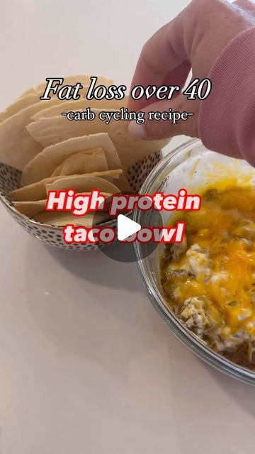 Gina Wynn | Fat loss over 40 on Instagram: "In my 6 week program, we carb cycle. This means we have lower carb days to make sure we are really dipping into our fat storage, and higher carb days to fuel our workouts and balance our hormones.  This high protein taco bowl is perfect for low carb days.  6 ounces lean ground turkey seasoned with taco spices 1/2 cup cottage cheese 1/2 cup shredded cheese 2 low carb tortillas (I used mission)  Spray two low carb tortillas with olive oil. Cut into triangular pieces and bake at 350 for 10 min.  Layer your bowl with meat, cottage cheese, and shredded cheese. Microwave for 60-80 seconds.  Macros for entire recipe: 14 net carbs 25 fats 78 proteins  Enjoy!" Protein Taco Bowl, High Protein Taco Bowl, Taco Keto, Taco Spices, Ground Turkey Seasoning, Accountability Coach, Ww Appetizers, Carb Cycle, High Protein Lunch Ideas