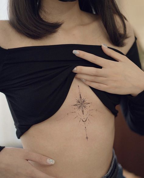 Tattoo Designs Chest Female, Star Tattoos Sternum, Sternum Tats For Women, Celestial Underbust Tattoo, Underbust Tattoos For Women, Chest Bone Tattoo Female, Fine Line Tattoo Sternum, Sternum Tattoo Small Chest, Ornamental Rib Tattoo