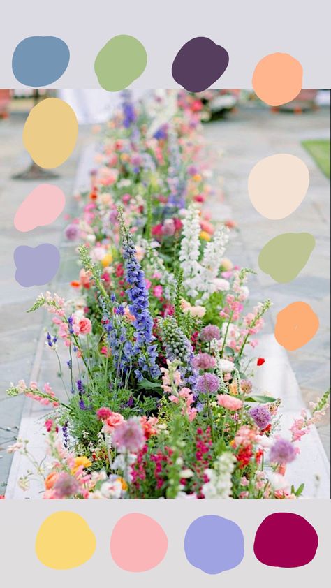 Wedding Colour Schemes Colourful, Multi Color Spring Wedding, Wildflower Colorful Wedding, Fun Wedding Palette, Backyard Colorful Wedding, Midsommar Color Palette, Garden Party Colour Palette, Garden Theme Color Palette, Multi Color Flower Wedding