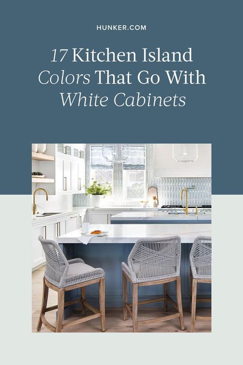 Ready to explore some colorful kitchen islands? Read on for 16 of our favorites. #hunkerhome #kitchenislandideas #kitchenislandinspo #kitchenisland #kitchencolors Different Colored Kitchen Island, Kitchens With Colored Islands, Kitchen Island Paint Colors Ideas, Painted Islands In Kitchen, Off White Kitchen Cabinets With Different Color Island, Kitchen Island Colors 2024, Kitchen With Colored Island, Accent Kitchen Island Color, Peninsula Island Kitchen