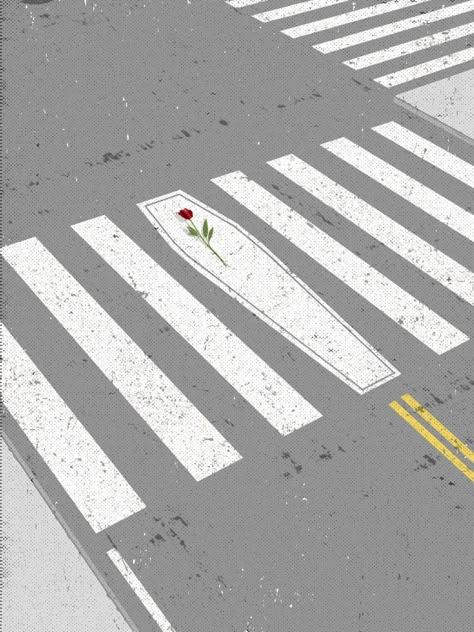 斑马线-鲜花-墓 Visual Metaphor, Editorial Art, 카드 디자인, Conceptual Illustration, Communication Art, Road Safety, Conceptual Design, Creative Posters, Creative Ads