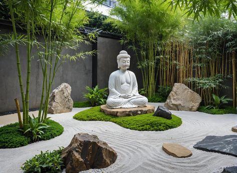 Buddha Statue In Garden, Buddha Water Fountain, Zen Yard, Campsite Decorating, Zen Backyard, Japanese Garden Style, Japanese Inspired Garden, Small Japanese Garden, Japanese Garden Landscape